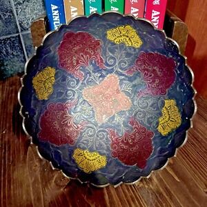 Vintage‎ India Brass/Enamel Hand Painted Scalloped Pedestal Fruit Decor Bowl